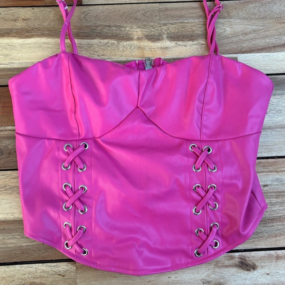 Jolie & Joy Hot Pink Faux Leather Corset Top –‎ Lace-Up Sides – Y2K Style – M - Picture 4 of 6